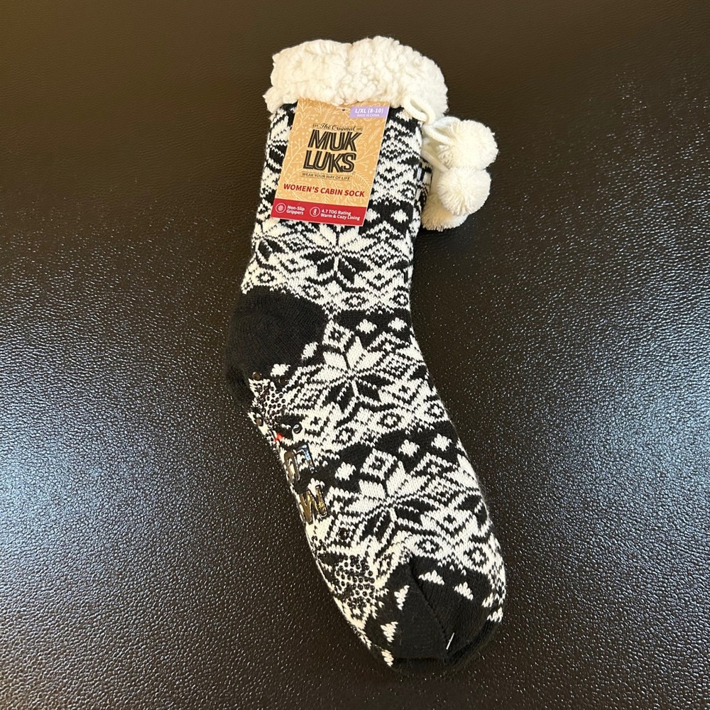 MUK LUKS Cabin Socks Warm Cozy Fuzzy Lined Pom Pom Black Womens L/XL 8-10 NWT